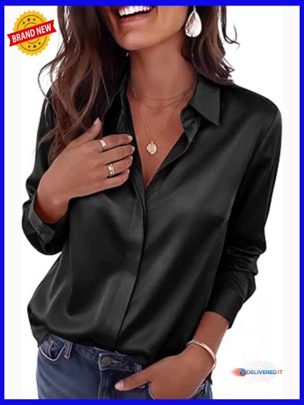 Satin Long Sleeve Button Down Blouse Business Casual Tunic Top
